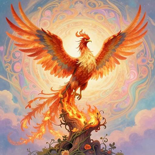 Digital illustration of a vibrant, fiery phoenix with outstretched wings, standing on a burning tree, surrounded by swirling, colorful clouds and pink hearts in