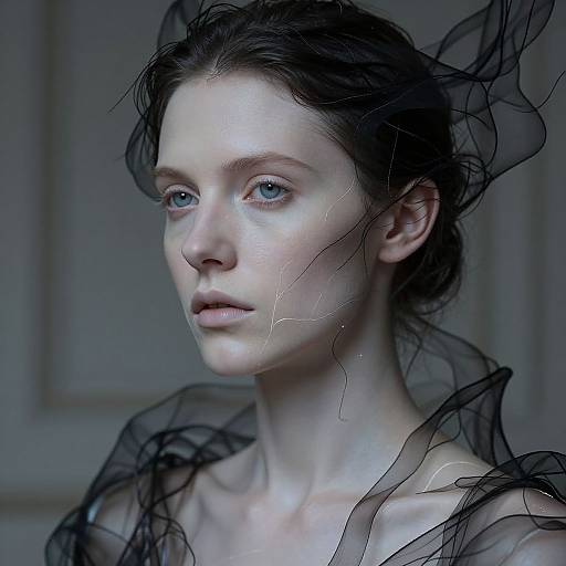 Digital portrait of a pale-skinned, blue-eyed woman with wet, dark hair, wearing a black, semi-transparent, wispy fabric. Ethereal