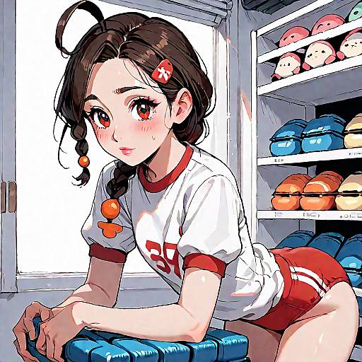 Blushing Anime Gym Girl with Braid