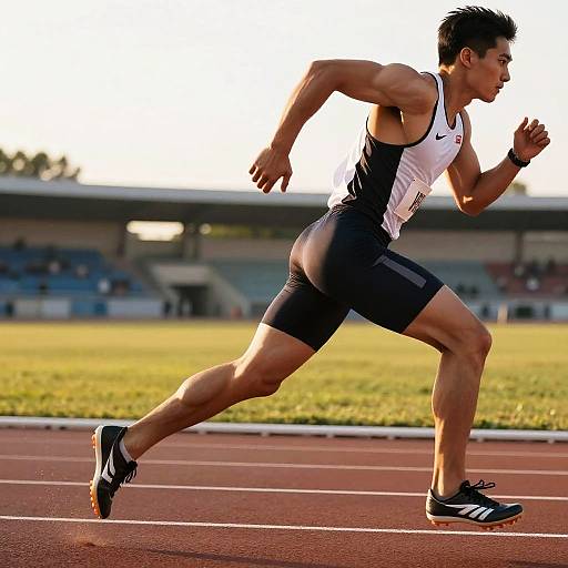 Muscular Athlete Sprinting at Sunset