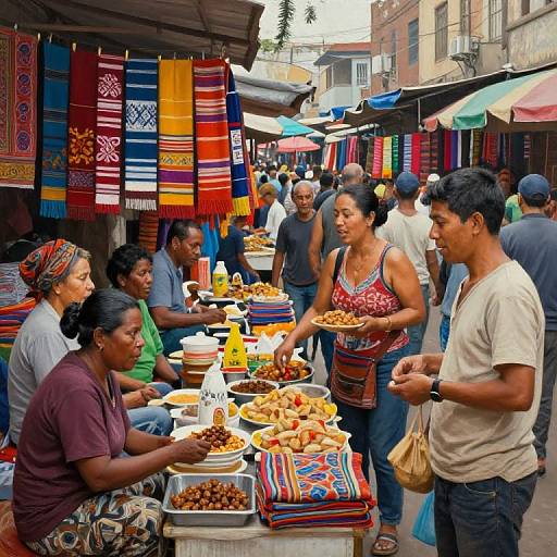Vibrant street market photograph: diverse crowd, colorful textiles, and various foods on tables, with busy shoppers under shaded stalls.