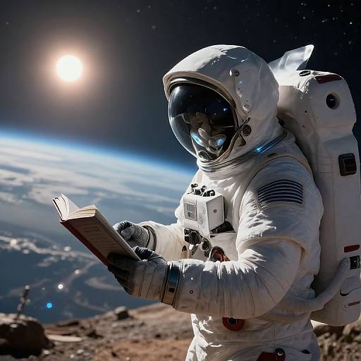 Photorealistic digital image of an astronaut in a white spacesuit, reading a book against a backdrop of Earth's horizon and a bright sun in space
