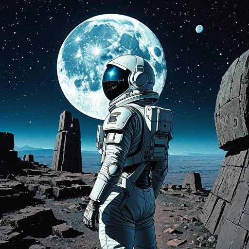 Astronaut in Sleek Spacesuit on Mysterious Moon with Megalithic Ruins
