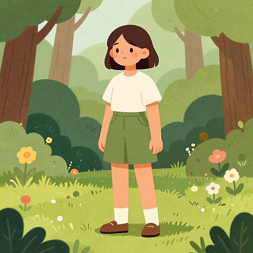 Digital cartoon of a smiling girl with short brown hair, wearing a white shirt, green shorts, white socks, and brown shoes, standing in a sun