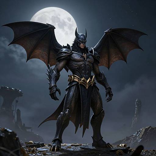 Digital art of muscular Batman with bat wings, black armor, and cape, standing under full moon, dark, foggy landscape background.
