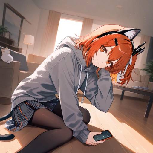 Anime Girl with Cat Features in Cozy Room
