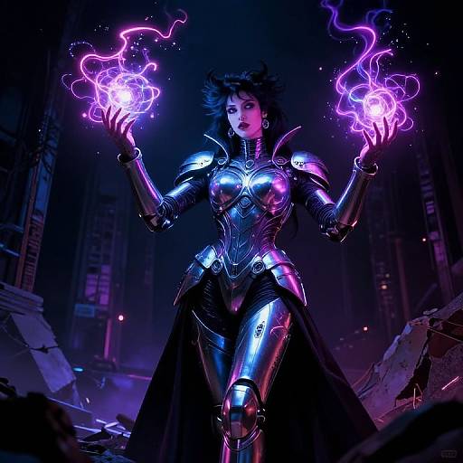 Digital artwork of a fierce, dark-haired woman in shiny, purple-lit, armored suit, wielding glowing purple energy in a dim, ruined, futuristic