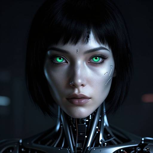 Digital artwork of a cybernetic woman with glowing green eyes, short black hair, and metallic neck joints, set against a dark background.