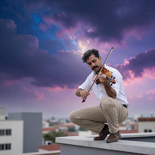 Cosmic Violinist on Rooftop at Dusk