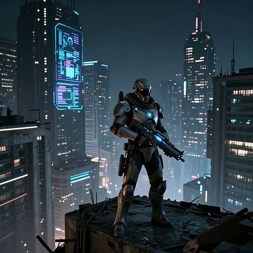 Cyberpunk-style digital artwork of a heavily armored soldier with glowing blue visor and rifle, standing on a rooftop at night, surrounded by neon-l