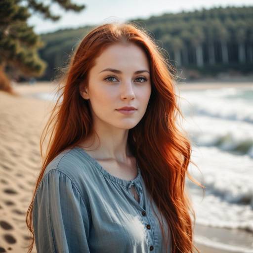 Red-haired woman on sandy beach