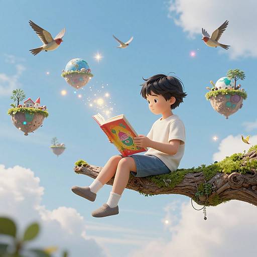 Digital illustration of a young boy with black hair, wearing a white shirt and blue shorts, reading a colorful book on a mossy tree branch. Floating