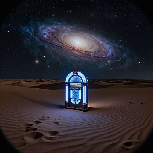 Photograph of a glowing, neon-lit slot machine in a desert under a starry sky with a visible spiral galaxy.