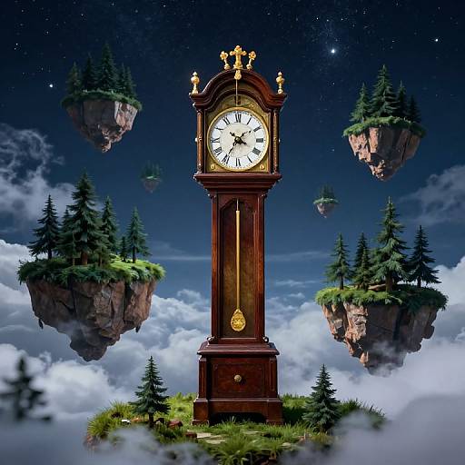 Majestic Grandfather Clock Among Floating Islands