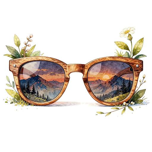 Digital illustration of wooden-framed sunglasses with reflective lenses showing a vibrant sunset over mountains and pine trees, surrounded by green leaves and small white flowers.