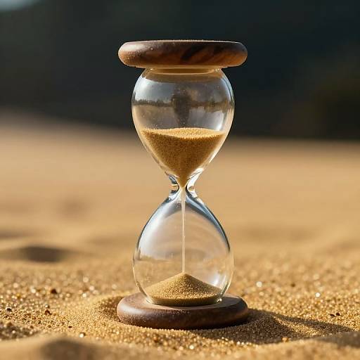 Photograph of an hourglass with golden sand, standing on a sandy surface under sunlight, casting shadows, with a blurred dark background.