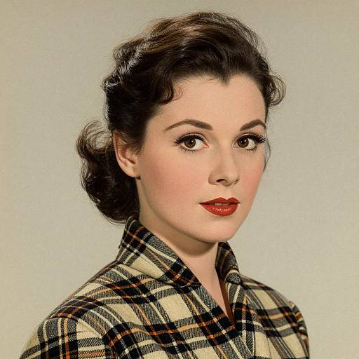 Vintage-style photograph of a fair-skinned woman with dark, wavy hair, wearing a red lipstick and a plaid shirt, against a plain light