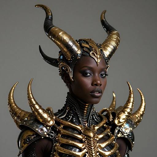 Photograph of a dark-skinned woman with gold, horned, armor-like headpiece and shoulder armor, featuring intricate metallic details, against a gray
