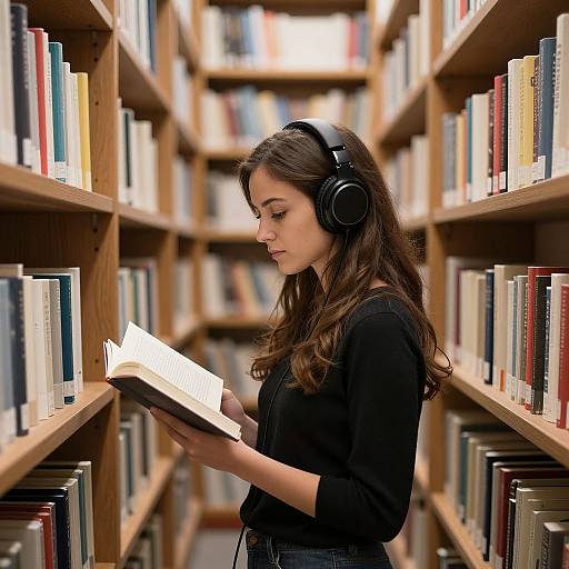Photograph of a young woman with long brown hair, wearing black headphones and a black shirt, reading a book in a library aisle with wooden shelves filled
