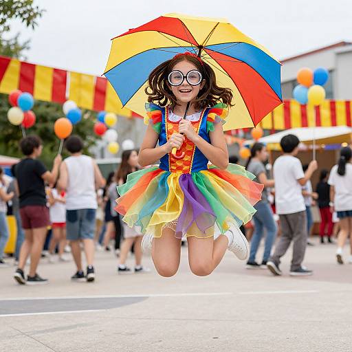 Photograph of a smiling girl with glasses, rainbow umbrella, multicolored tutu, and red hair, jumping joyfully at a vibrant outdoor parade