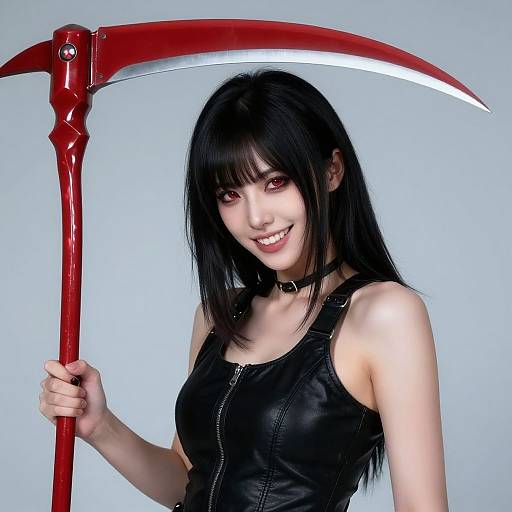 Photograph of a pale-skinned woman with black hair and red eyes, smiling while holding a red scythe, wearing a black leather tank top and