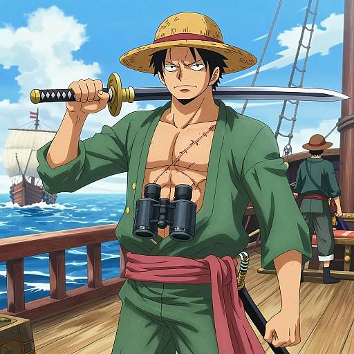 Anime-style drawing of a muscular, shirtless man in green attire, straw hat, holding a sword with binoculars, on a ship deck.