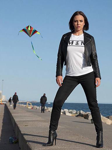 Photograph of a confident woman with short brown hair, wearing a white T-shirt, black leather jacket, black pants, and boots, standing on a