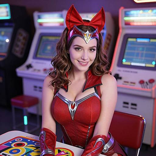 Photorealistic CGI of a smiling woman in a red superhero costume with bow headband, seated at arcade machines, wearing red gloves.