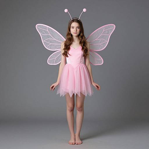 Photograph of a young woman with long brown hair, wearing a pink tutu dress, fairy wings, and antennae headband, standing barefoot