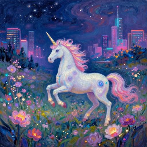 Digital painting of a white unicorn with pink mane and tail, standing in a vibrant, starlit meadow with colorful flowers, and a neon-lit