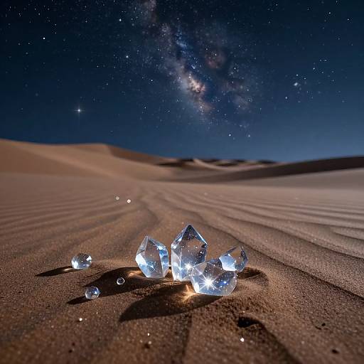 Photograph of clear crystal shards glowing under starry night sky, scattered on rippled sand dunes, with Milky Way visible above.