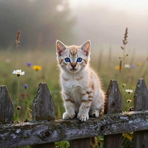 Blue-Eyed Kitten on Rustic Fence