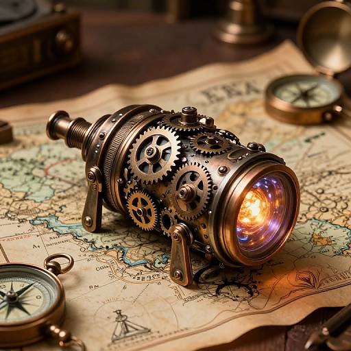 Steampunk-style brass clockwork lantern with glowing orange light on vintage map, surrounded by compasses and brass objects, creating a warm, intricate scene