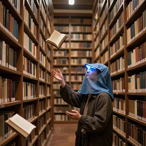 Ancient Library with Flying Books
