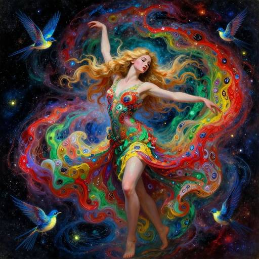 Digital painting of a dancing woman with flowing, multicolored dress and long hair, surrounded by vibrant, peacock-feather-like swirls and blue