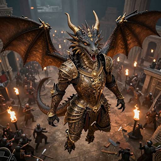 Digital artwork of a fierce, armored dragon warrior with dark scales, glowing red eyes, and large wings, soaring above a fiery, medieval battlefield.