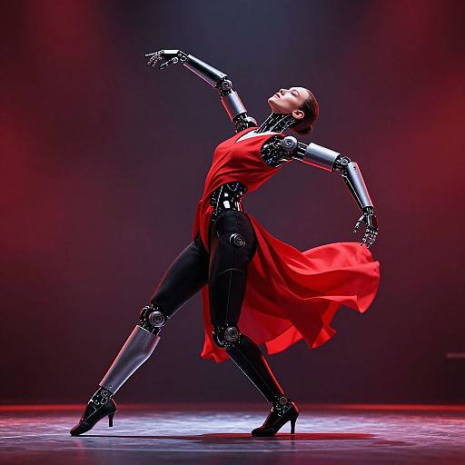 Photograph of a female dancer in a red flowing dress, black bodysuit, and metallic arm and leg extensions, striking a dramatic pose on stage