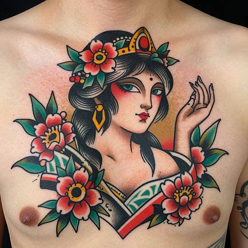Tattoo of a traditional-style, fair-skinned woman with black hair, red lips, and green eyes, adorned with a flower crown and gold