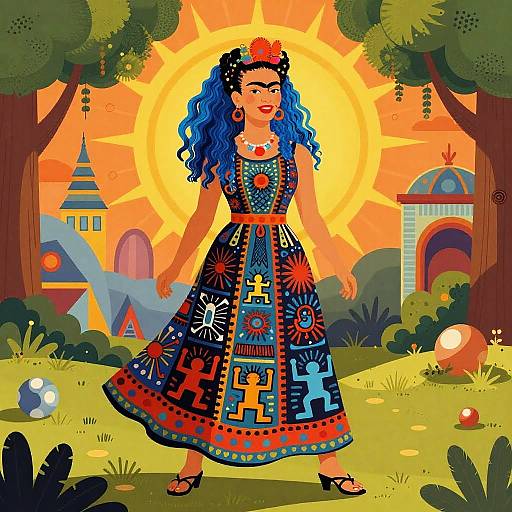 Vibrant digital illustration of a woman with blue curly hair, colorful traditional dress, and red headband, standing in a sunlit forest with colorful