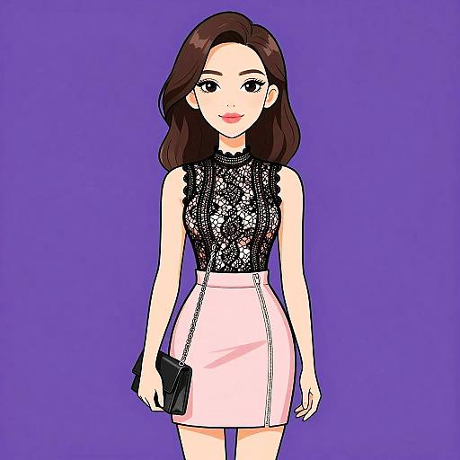 Chic Woman in Black Lace and Pink Skirt