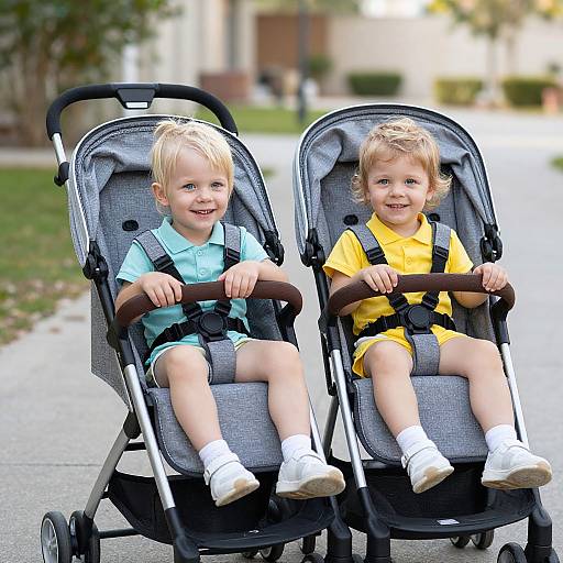 Photograph of two blonde toddlers, one in a blue shirt and the other in yellow, sitting in gray strollers on a suburban street.