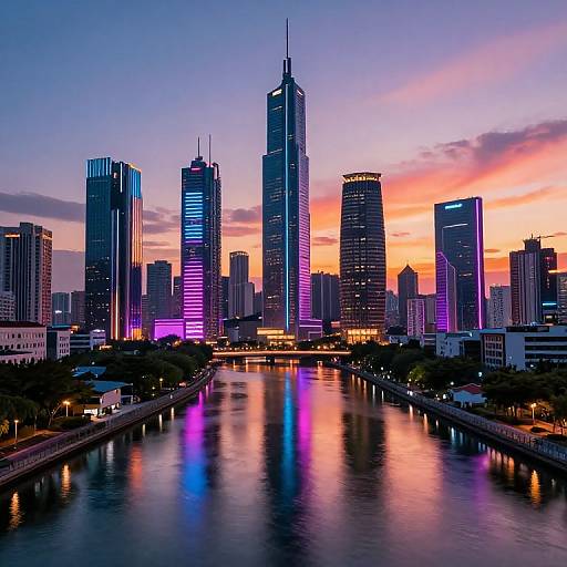 Photograph of a vibrant city skyline at sunset, featuring illuminated skyscrapers with purple and pink lights, reflecting on a calm river.