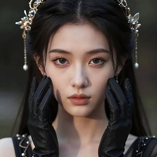 Photograph of an East Asian woman with pale skin, large black eyes, and black hair, wearing a gold crown, black gloves, and a dark