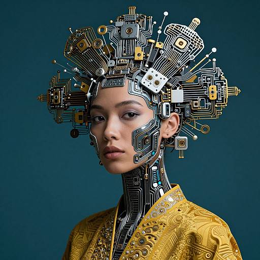 Digital artwork of an Asian woman with a futuristic, circuit board headdress, wearing a yellow, intricately patterned robe, against a dark teal background