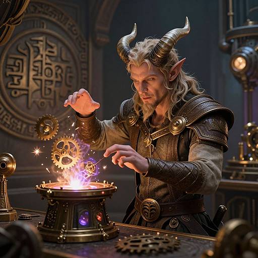 Fantasy elf with horns and long blonde hair conjures fire from a golden cauldron, surrounded by gears and ancient runes in a dimly lit