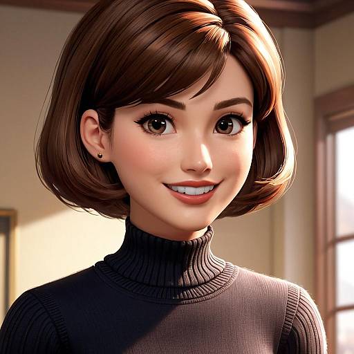 Digital portrait of a smiling young woman with short brown hair, large brown eyes, and fair skin, wearing a black turtleneck sweater in a warmly