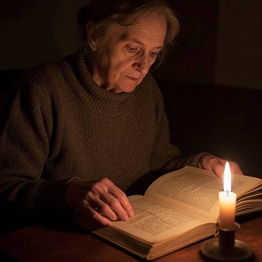 Photograph of an elderly woman with wrinkles, wearing a dark turtleneck, reading an open book by a single candle's warm light.