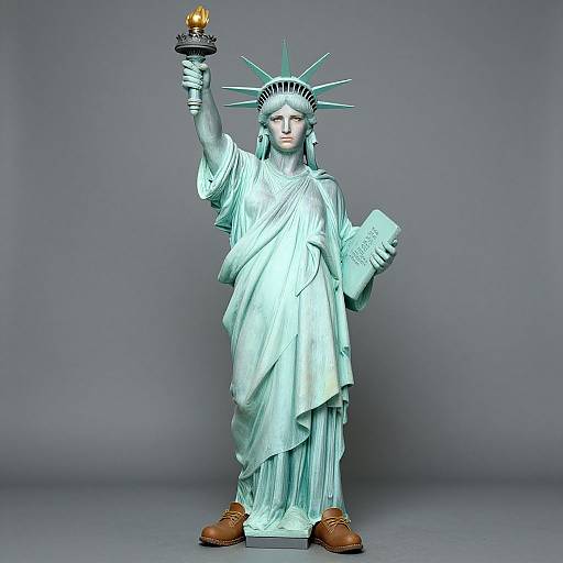 Photograph of a statue of Liberty with a torch raised, holding a tablet, wearing brown boots, against a gray background.