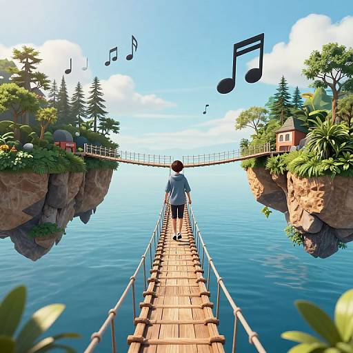 Digital art of a person with short brown hair, wearing a light blue shirt and dark pants, walking on a wooden suspension bridge between two rocky islands with