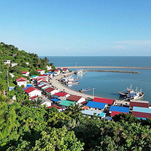 Photograph of a vibrant coastal village with colorful roofs, boats at the dock, and lush greenery under a clear blue sky.